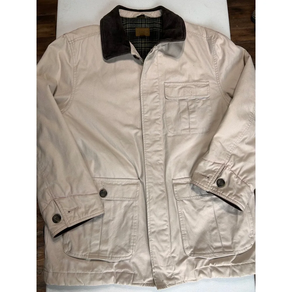 Vintage St. Johns Bay Field Jacket Tan Canvas‎ Corduroy Collar Plaid Lined Large